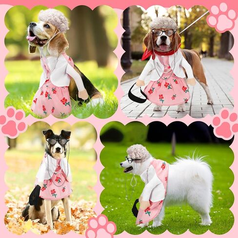 Talltalk 4 Pcs Old Lady Dogs Costume Set Grandma Dogs Costume Set Dog Halloween Costume with Pink Floral Dog Dress Wig Glasses Necklace for Dog Dress up(S Size) in Kuwait