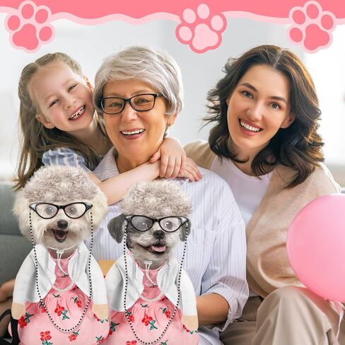Talltalk 4 Pcs Old Lady Dogs Costume Set Grandma Dogs Costume Set Dog Halloween Costume with Pink Floral Dog Dress Wig Glasses Necklace for Dog Dress up(S Size) in Kuwait