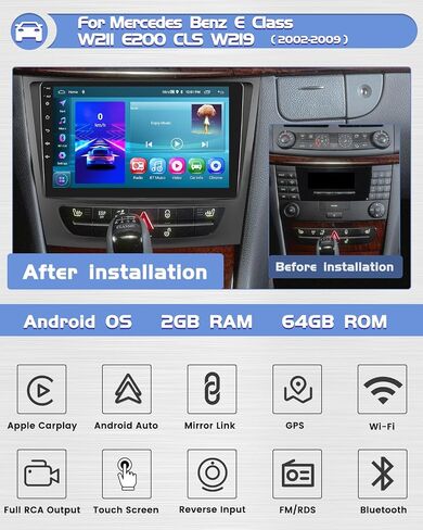 Roinvou [2G+64G] راديو سيارة لسيارة Mercedes Benz E Class W211 E200 CLS W219 2002-2009 مع Carplay اللاسلكي/Android Auto، 9 بوصة Android 13 IPS شاشة تعمل باللمس، بلوتوث، GPS، 28UI، DSP in Saudi Arabia