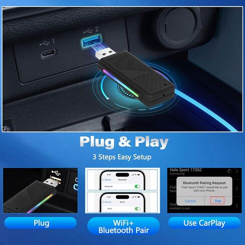 Wireless CarPlay Adapter, for Factory Wired CarPlay 2024 Upgrade, Plug & Play, Stable and Fast Connection, Convert Factory Wired to Wireless CarPlay Dongle, with USB-A and USB-C Adapter in Kuwait