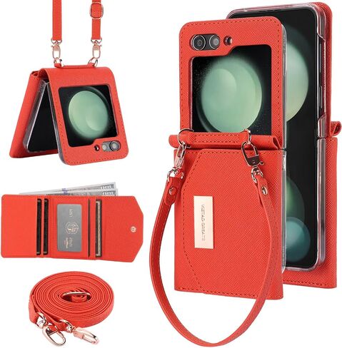 for Samsung Galaxy Z Flip 6 Wallet Case with Built-in Leather Cash Slot and Credit Card Holder. Wristlet Strap and Hinge Protection, Carrying Handbag Phone Case for Women Ladies.(Orange) in Saudi Arabia