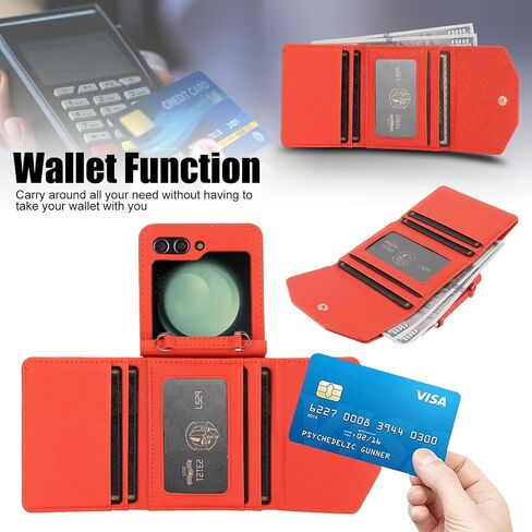 for Samsung Galaxy Z Flip 6 Wallet Case with Built-in Leather Cash Slot and Credit Card Holder. Wristlet Strap and Hinge Protection, Carrying Handbag Phone Case for Women Ladies.(Orange) in Saudi Arabia