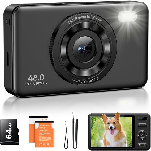 Digital Camera with 64GB Card, FHD 1080P 48MP Kids Camera with 16X Zoom Anti Shake 2 Batteries, Compact Portable Small Point and Shoot Digital Cameras Gift for Kid Student Children Teen Girl Boy in Saudi Arabia