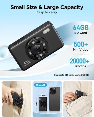 Digital Camera with 64GB Card, FHD 1080P 48MP Kids Camera with 16X Zoom Anti Shake 2 Batteries, Compact Portable Small Point and Shoot Digital Cameras Gift for Kid Student Children Teen Girl Boy in Saudi Arabia