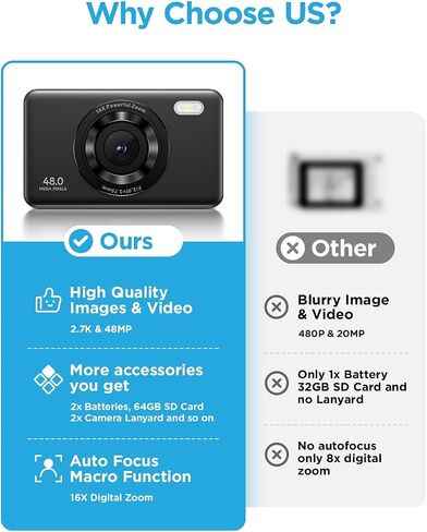 Digital Camera with 64GB Card, FHD 1080P 48MP Kids Camera with 16X Zoom Anti Shake 2 Batteries, Compact Portable Small Point and Shoot Digital Cameras Gift for Kid Student Children Teen Girl Boy in Saudi Arabia