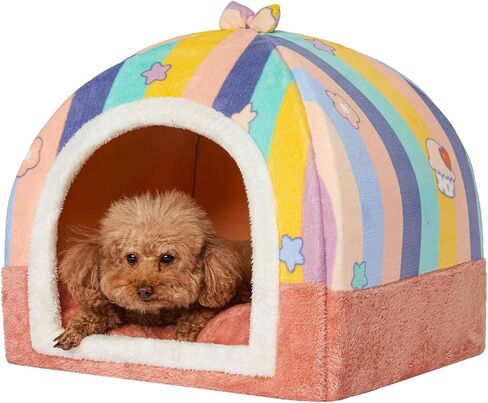 Jiupety Cat Beds for Indoor Cats, Cute Cat House for Cats and Puppy, Cat Cave Bed with Removable Cushion, Large Cat Bed Cat Hideaway Cat Tent, 2-in-1 Pink Cat Bed, L(19" × 19" × 19"), Rainbow. in Saudi Arabia