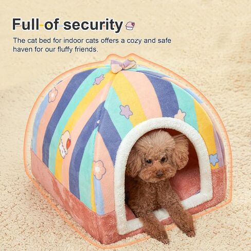 Jiupety Cat Beds for Indoor Cats, Cute Cat House for Cats and Puppy, Cat Cave Bed with Removable Cushion, Large Cat Bed Cat Hideaway Cat Tent, 2-in-1 Pink Cat Bed, L(19" × 19" × 19"), Rainbow. in Saudi Arabia