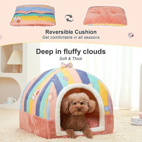 Jiupety Cat Beds for Indoor Cats, Cute Cat House for Cats and Puppy, Cat Cave Bed with Removable Cushion, Large Cat Bed Cat Hideaway Cat Tent, 2-in-1 Pink Cat Bed, L(19" × 19" × 19"), Rainbow. in Saudi Arabia