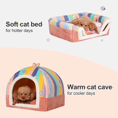 Jiupety Cat Beds for Indoor Cats, Cute Cat House for Cats and Puppy, Cat Cave Bed with Removable Cushion, Large Cat Bed Cat Hideaway Cat Tent, 2-in-1 Pink Cat Bed, L(19" × 19" × 19"), Rainbow. in Saudi Arabia