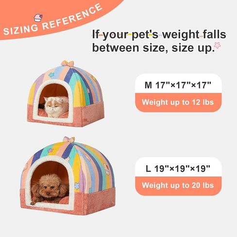 Jiupety Cat Beds for Indoor Cats, Cute Cat House for Cats and Puppy, Cat Cave Bed with Removable Cushion, Large Cat Bed Cat Hideaway Cat Tent, 2-in-1 Pink Cat Bed, L(19" × 19" × 19"), Rainbow. in Saudi Arabia
