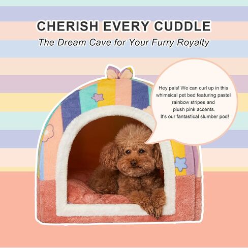 Jiupety Cat Beds for Indoor Cats, Cute Cat House for Cats and Puppy, Cat Cave Bed with Removable Cushion, Large Cat Bed Cat Hideaway Cat Tent, 2-in-1 Pink Cat Bed, L(19" × 19" × 19"), Rainbow. in Saudi Arabia