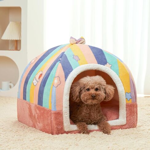 Jiupety Cat Beds for Indoor Cats, Cute Cat House for Cats and Puppy, Cat Cave Bed with Removable Cushion, Large Cat Bed Cat Hideaway Cat Tent, 2-in-1 Pink Cat Bed, L(19" × 19" × 19"), Rainbow. in Saudi Arabia