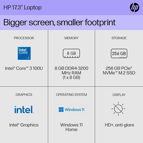 كمبيوتر محمول HP مقاس 17.3 بوصة، شاشة HD+، Intel Core 3 100U، ذاكرة الوصول العشوائي 8 جيجابايت، 256 جيجابايت SSD، Intel Graphics، Windows 11 Home، 17-cn4010nr (2024) in Saudi Arabia