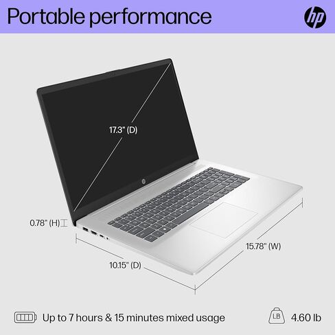 كمبيوتر محمول HP مقاس 17.3 بوصة، شاشة HD+، Intel Core 3 100U، ذاكرة الوصول العشوائي 8 جيجابايت، 256 جيجابايت SSD، Intel Graphics، Windows 11 Home، 17-cn4010nr (2024) in Saudi Arabia