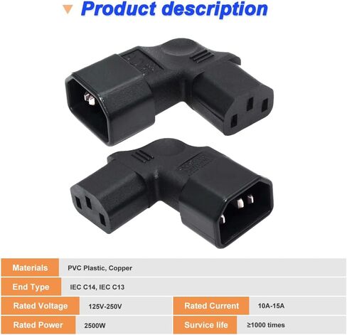 IEC C14 to C13 Power Adapter, Left Angle/Right Angle IEC 320 C14 Male to IEC 320 C13 Female Power Plug for LCD Wall Mount TV (2 Pack) in Kuwait