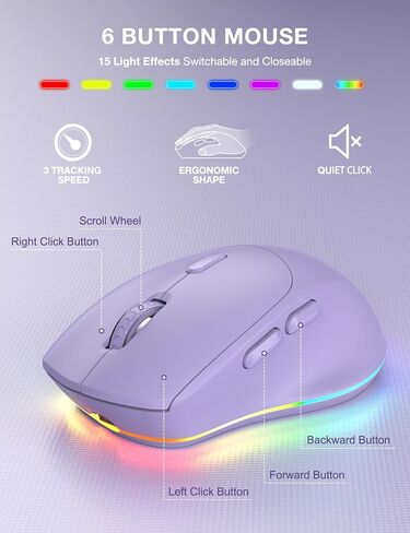 مجموعة لوحة مفاتيح وماوس لاسلكية، 9 تأثيرات بإضاءة خلفية، مسند للمعصم، حامل هاتف، لوحات مفاتيح مريحة خالية من التأخر 2.4 جيجا، مجموعة لاسلكية صامتة قابلة لإعادة الشحن للكمبيوتر والكمبيوتر المحمول وماك وويندوز -SABLUTE (بنفسجي) in Kuwait