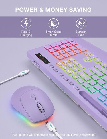 مجموعة لوحة مفاتيح وماوس لاسلكية، 9 تأثيرات بإضاءة خلفية، مسند للمعصم، حامل هاتف، لوحات مفاتيح مريحة خالية من التأخر 2.4 جيجا، مجموعة لاسلكية صامتة قابلة لإعادة الشحن للكمبيوتر والكمبيوتر المحمول وماك وويندوز -SABLUTE (بنفسجي) in Kuwait