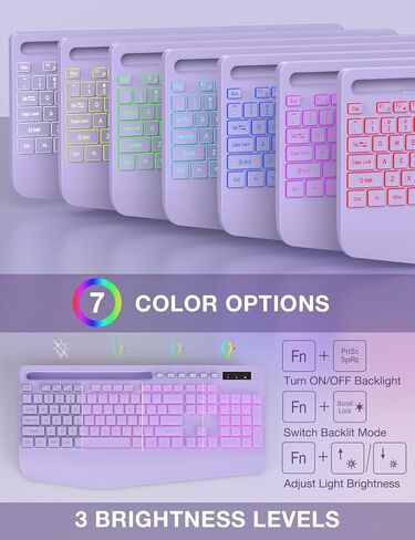 مجموعة لوحة مفاتيح وماوس لاسلكية، 9 تأثيرات بإضاءة خلفية، مسند للمعصم، حامل هاتف، لوحات مفاتيح مريحة خالية من التأخر 2.4 جيجا، مجموعة لاسلكية صامتة قابلة لإعادة الشحن للكمبيوتر والكمبيوتر المحمول وماك وويندوز -SABLUTE (بنفسجي) in Kuwait