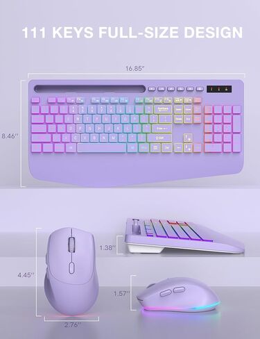 مجموعة لوحة مفاتيح وماوس لاسلكية، 9 تأثيرات بإضاءة خلفية، مسند للمعصم، حامل هاتف، لوحات مفاتيح مريحة خالية من التأخر 2.4 جيجا، مجموعة لاسلكية صامتة قابلة لإعادة الشحن للكمبيوتر والكمبيوتر المحمول وماك وويندوز -SABLUTE (بنفسجي) in Kuwait