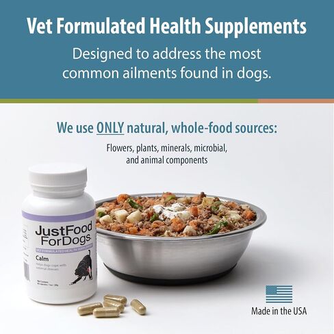 JustFoodForDogs Calm، مكمل مهدئ للكلاب للتوتر والقلق والسفر والعواصف الرعدية وفرط النشاط والألعاب النارية - 90 قطعة in Kuwait