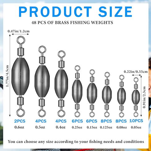 48 Pcs Brass Fishing Sinker Swivel Fishing Weights 8 Sizes Saltwater Bullet Sinkers Fishing Weight Egg Sinkers with Swivel Rolling Removable Freshwater in Saudi Arabia