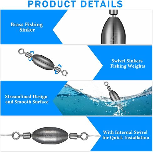 48 Pcs Brass Fishing Sinker Swivel Fishing Weights 8 Sizes Saltwater Bullet Sinkers Fishing Weight Egg Sinkers with Swivel Rolling Removable Freshwater in Saudi Arabia