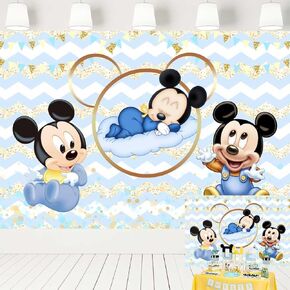 Baby Mickey Backdrop 1st Birthday Party Supplies Blue Golden Background for Cake Table Baby Shower Banner Cartoon Photo Studio Props 7x5 ft