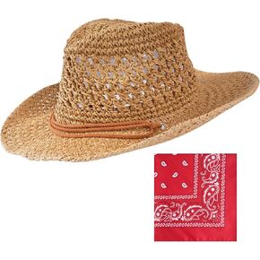 قبعة رعاة البقر من القش، قبعة غربية من قش الشمس، قبعة من القش للصيف الغربي مع حزام للنساء والرجال باللون الكاكي in Kuwait