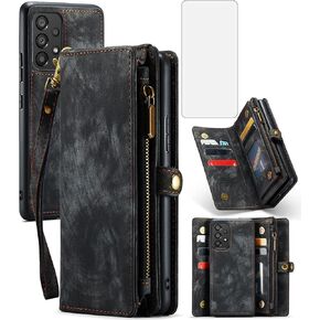 Asuwish Phone Case for Samsung Galaxy A53 5G 2022 Zipper Wallet Detachable Cover with Tempered Glass Screen Protector and Flip Card Holder Cell Accessories Gaxaly A53 G5 Galaxies 53A SM A536U Brown