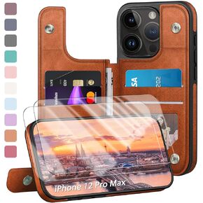 Designed for iPhone 12 Pro Max Case Wallet, Card Holder Case with[RFID Blocking Leather][2 Screen Protectors][Magnetic Clasp Folio Case]Shockproof Women Men Cover 6.7"forApple 12 Pro Max Orange