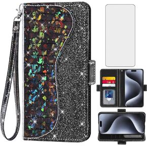 Asuwish Phone Case for iPhone 15 Pro 6.1 inch Wallet Cover with Screen Protector and Wrist Strap Flip Card Holder Bling Glitter Cell iPhone15Pro 5G i i-Phone i15 iPhone15 15Pro Women Girls Blue
