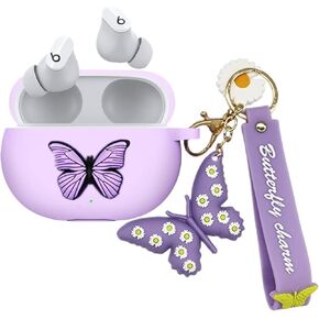 Case for Beats Studio Buds Case with Keychain for Women Girls, Cute Butterfly Soft Silicone Headphones Wireless Charging Case Cover Full Body Anti-Lost Protection for Beat Studio Earphone (Purple)