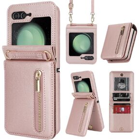 for Samsung Galaxy Z Flip 6 Luxury Zipper Wallet Phone Case, Multi-Function Kickstand Card Holder Adjustable Crossbody Strap, Fashion Flip Case.(Red)