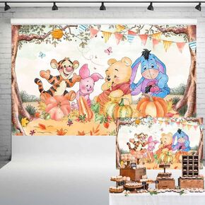 Pooh Bear Fall Baby Shower Backdrop Retro Classic Theme Banner Baby Winnie Watercolor Pumpkins Background Vintage Autumn 1st Birthday Party Supplies 5x3 ft 265