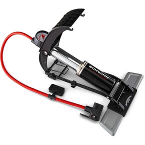Schwinn Air Base Foot Operated Bike Pump, Dual Pump Head, Fits Presta and Shrader Valves, Max PSI 100, 23-Inch Fabric Hose, Easy to Read Gauge,Grey