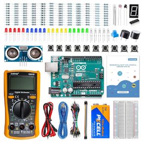 SunFounder Beginner's Lab Starter Kit with Original Arduino Uno R3 REV3 Board Multimeter Basic to Advance 25 Projects HCSR-04 Sensor Button Temp LED Microcontroller Programming