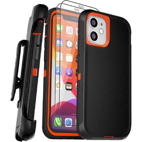 for iPhone 11 Case 6.1" with Belt Clip Holster Kickstand and 2 Screen Protector, Heavy Duty Full Body Protection Phone Case(Belt Clip,Black+Orange)