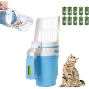 Cat Litter Scooper with Holder, Cat Poop Shovel with Waste Container and Refill 150 Bags(10 Boxes of 15 Bags), Integrated Detachable Large Capacity Cat Litter Scoop with Bags (Grey)