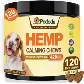 Pedode Hemp مضغ مهدئ للكلاب، علاجات مهدئة لتخفيف قلق الكلاب، مكونات طبيعية 100%، علاجات مهدئة للكلاب، تساعد في النباح، والعواصف الرعدية، والانفصال