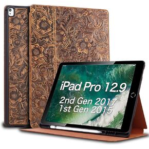 Gexmil Case for iPad Pro 12.9 Inch,2nd/1st Generation(2017/2015) Genuine Leather Cover with Pencil Holder,Cowhide Folio Cover Auto Sleep/Wake,Anti-Fingerprint,Flower Brown