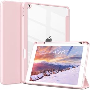 Case for ipad 9th/8th/7th Generation 2021/2020/2019 with Pencil Holder, 10.2 inch Case with Acrylic Clear Transparent Back, Hybrid Slim Trifold Stand Protective Cover [Auto Wake/Sleep], Pink