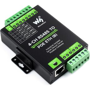 4-Ch RS485 to RJ45 Ethernet Serial Server with PoE Function, 4 Channels RS485 Independent Operation, Rail-Mount Industrial Isolated Serial Module, Bi-Directional Transparent Transmission
