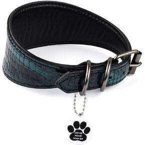Sighthound Wide Leather Dog Collar with ID Tag QR for Whippet Italian Greyhound Saluki Borzoi Lurcher Spanish Galgo, Luxury Dog Collars, Soft Leather Dog Collar for Sensitive Neck (Green, XS)