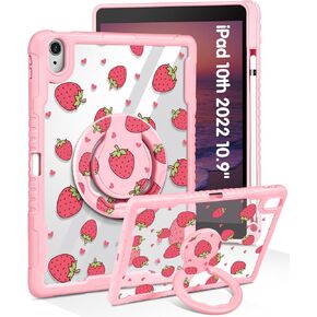for iPad 10th Generation Case 2022 10.9 Inch - Women Cute Girls with Pencil Holder & Stand Cover for iPad 10 Strawberry Unique Pretty Girly Protective Hard for iPad 10th Gen case