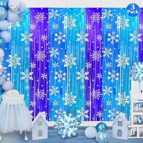 3 Pack Birthday Party Decorations Snowflake Tinsel Foil Fringe Curtains for Kids Frozen Birthday Backdrop Winter Christmas Holidays Photo Booth Prop Backdrop Streamer 3.3x6.6ft