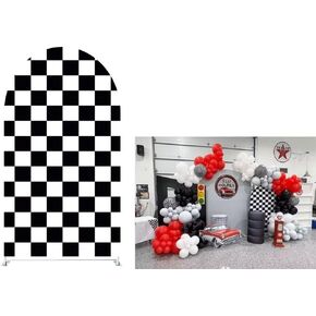 Black and White Racing Checker Texture Arch Backdrop Covers,Checkered Flag Arched Stretchy Supplies for Baby Shower Birthday Party Decorations,Arch Props NO-363-2.5x6ft