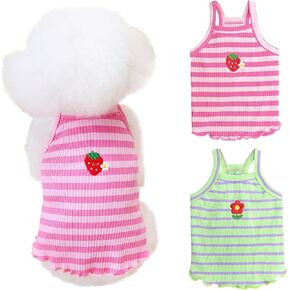 2 Pieces Small Medium Dogs Summer Clothes Dog Striped Shirt Cute Flower Strawberry Embroidery Vest Pet Outfit for Chihuahua Yorkie Teddy (Pink-Yellow, Large)