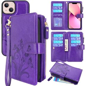 Lacass Compatible with iPhone 14 / iPhone 13 6.1 inch Case [ Card Slots] ID Credit Cash Holder Zipper Pocket Detachable Magnet Leather Wallet Cover with Wrist Strap Lanyard(Floral Gray)