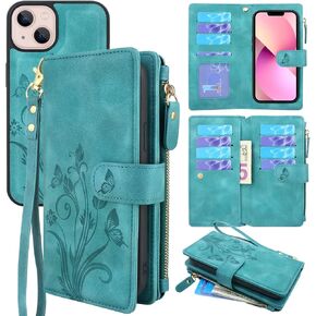 Lacass Compatible with iPhone 14 / iPhone 13 6.1 inch Case [ Card Slots] ID Credit Cash Holder Zipper Pocket Detachable Magnet Leather Wallet Cover with Wrist Strap Lanyard(Floral Gray)