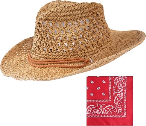 قبعة رعاة البقر من القش، قبعة غربية من قش الشمس، قبعة من القش للصيف الغربي مع حزام للنساء والرجال باللون الكاكي in Kuwait